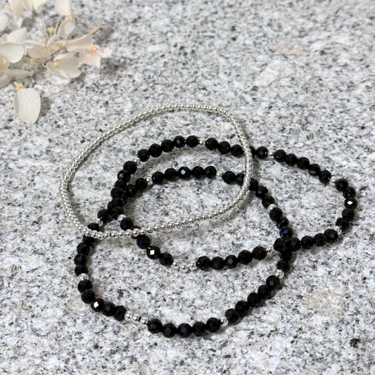 Trio Bracelet Set - Black Tourmaline & Silver - Protection & Grounding