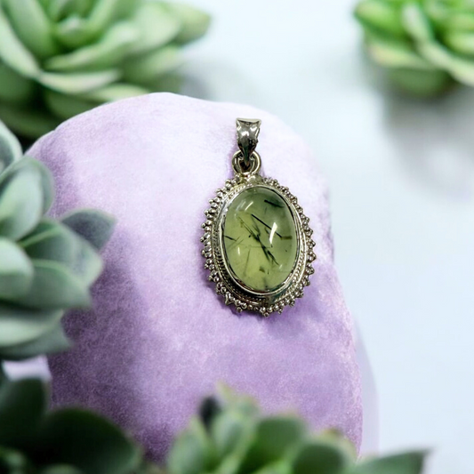 Prehnite Hair Filagree Oval Silver Pendant