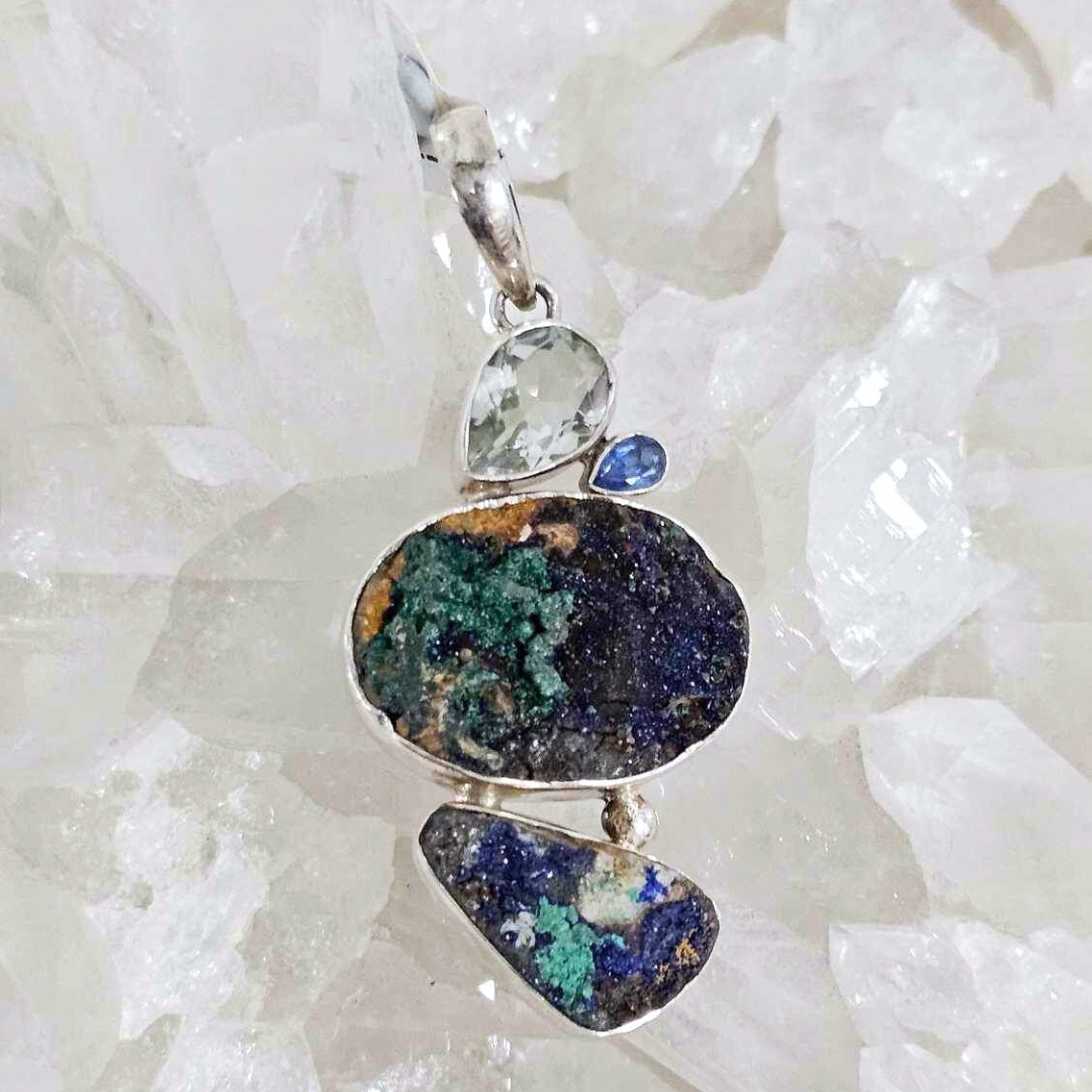 Azurite Malachite Green Amethyst Aquamarine FreeForm Pendant