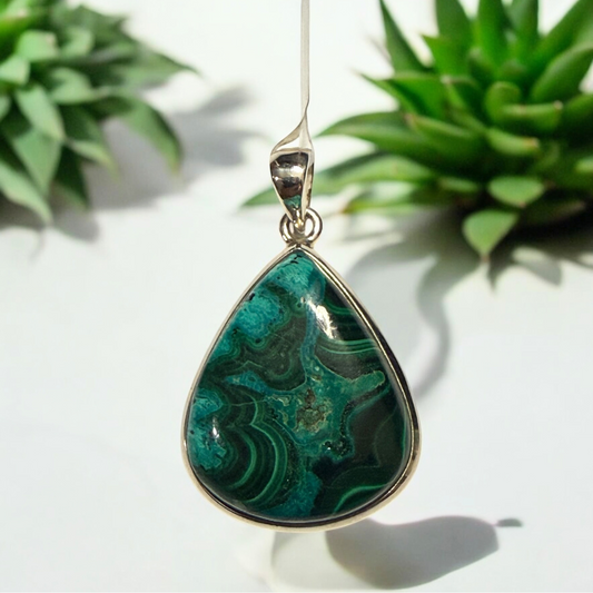 Chrysocolla Malachite Teardrop Pendant in Silver