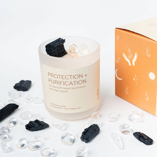 Black Tourmaline & Clear Quartz Candle - PROTECTION AND PURIFICATION - Frangipani: Glass (comes in a box)