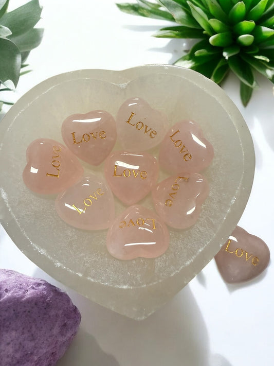 Rose Quartz Hearts With LOVE in Gold