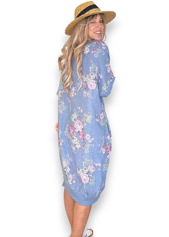 Linen High Tea Dress - Italian - Coastal Blue