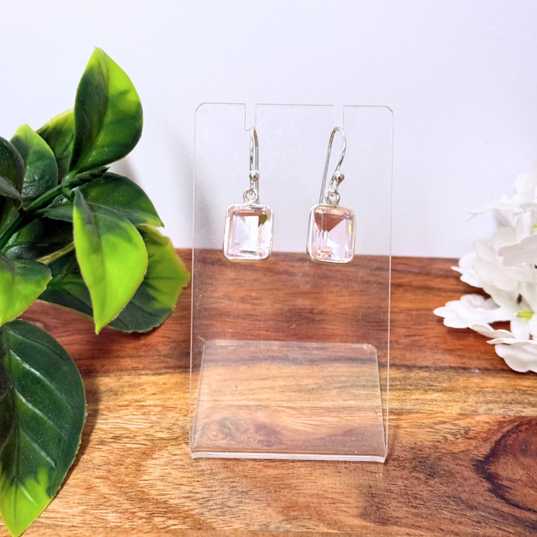Rose Quartz Rectangle Faceted Silver Earrings