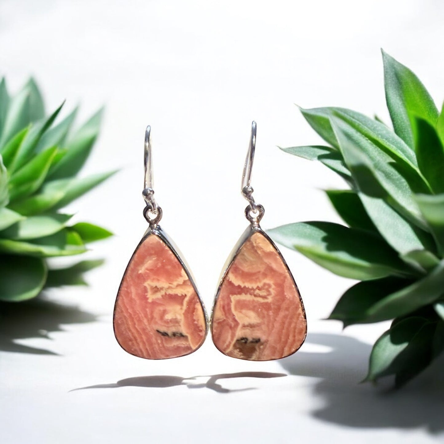 Rhodochrosite Teardrop Earrings in Silver