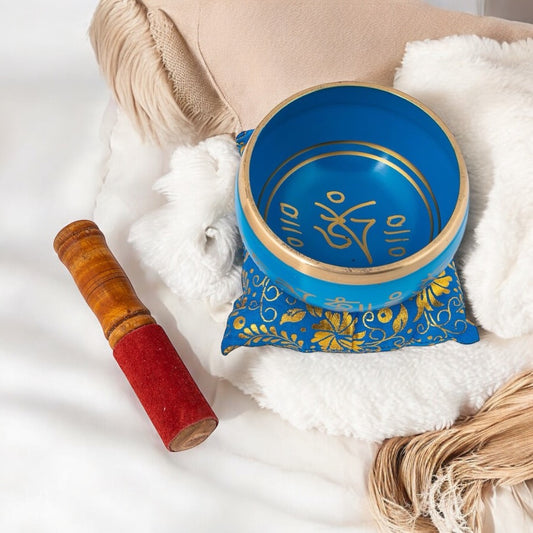 Brass Om Mani Blue With Cushion Singing Bowl