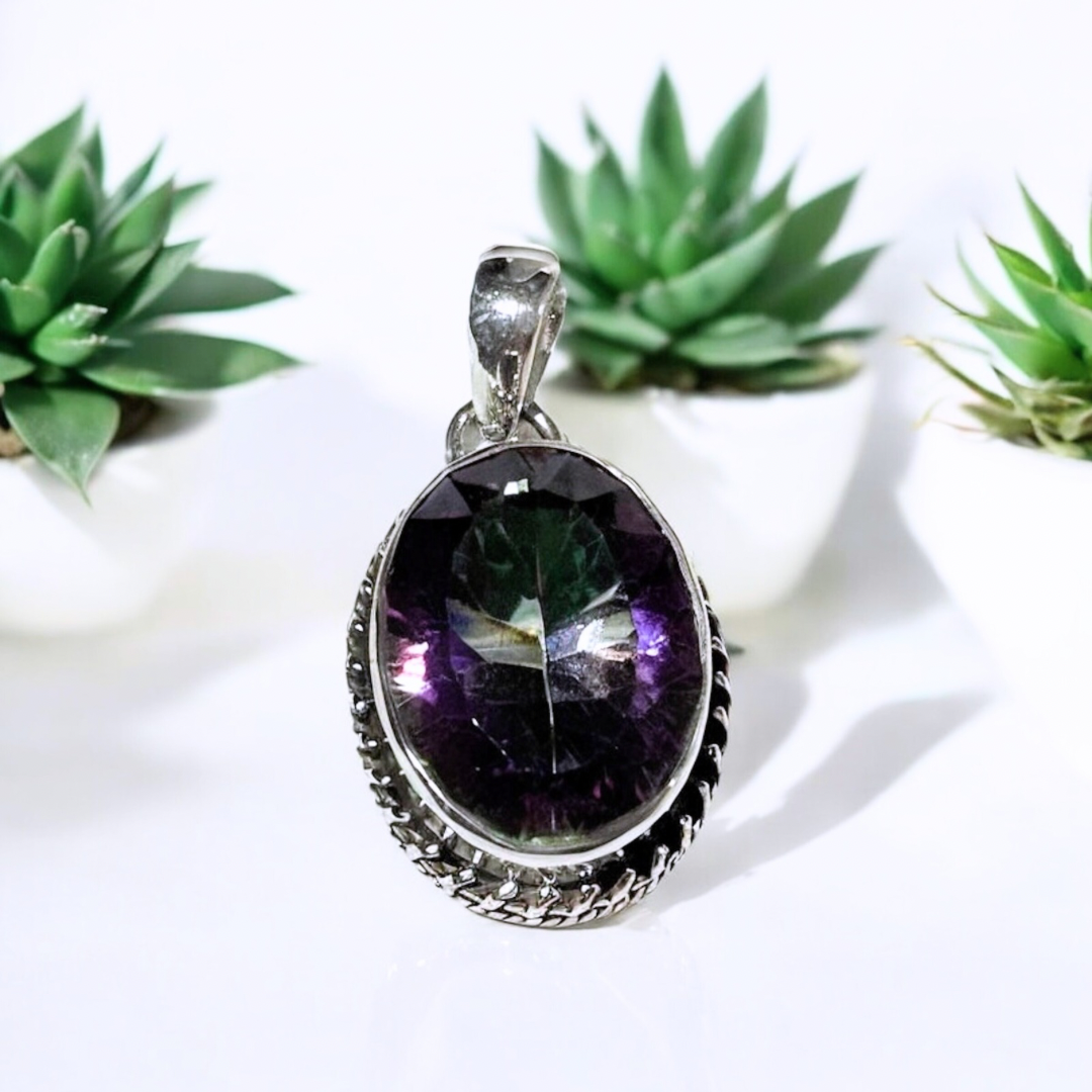 Mystic Topaz Oval Pendant Filagree in Silver