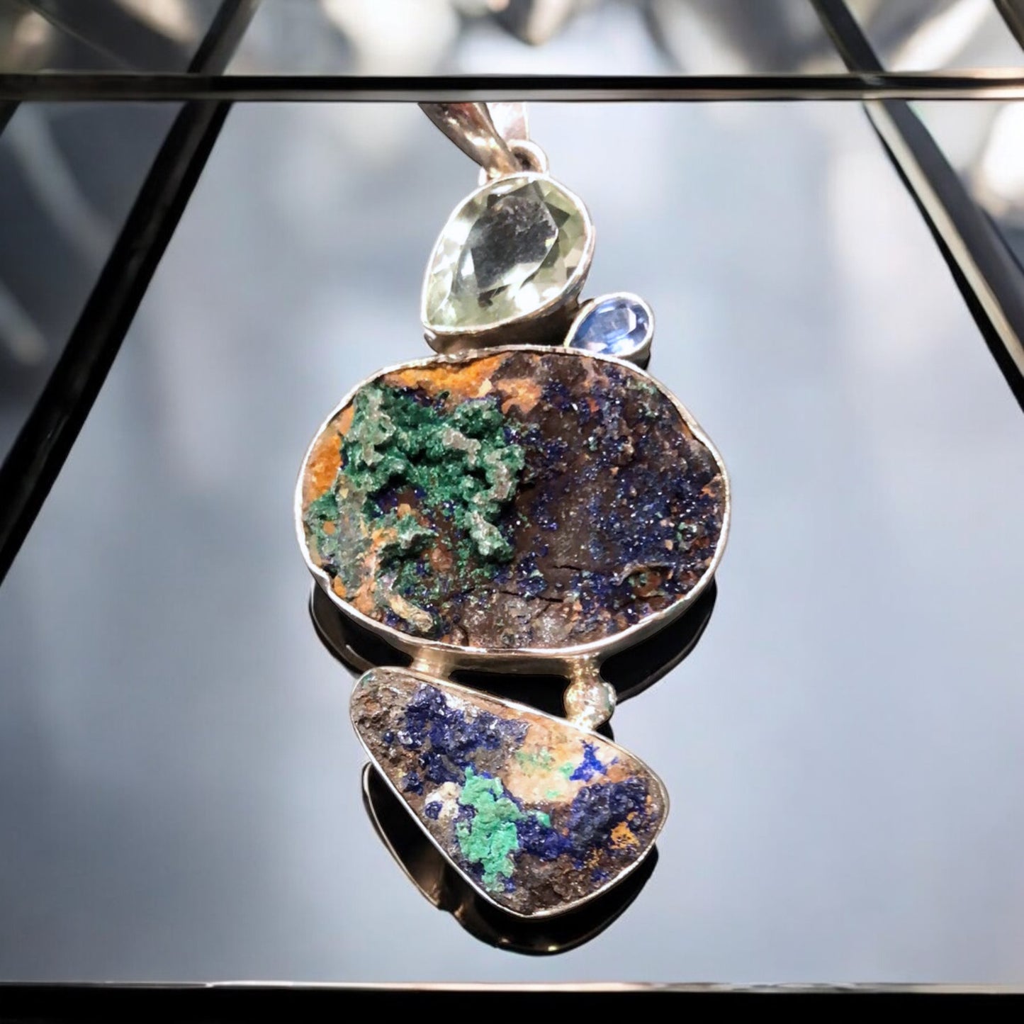 Azurite Malachite Green Amethyst Aquamarine FreeForm Pendant