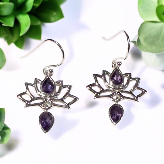 Amethyst Lotus Earrings in Silver