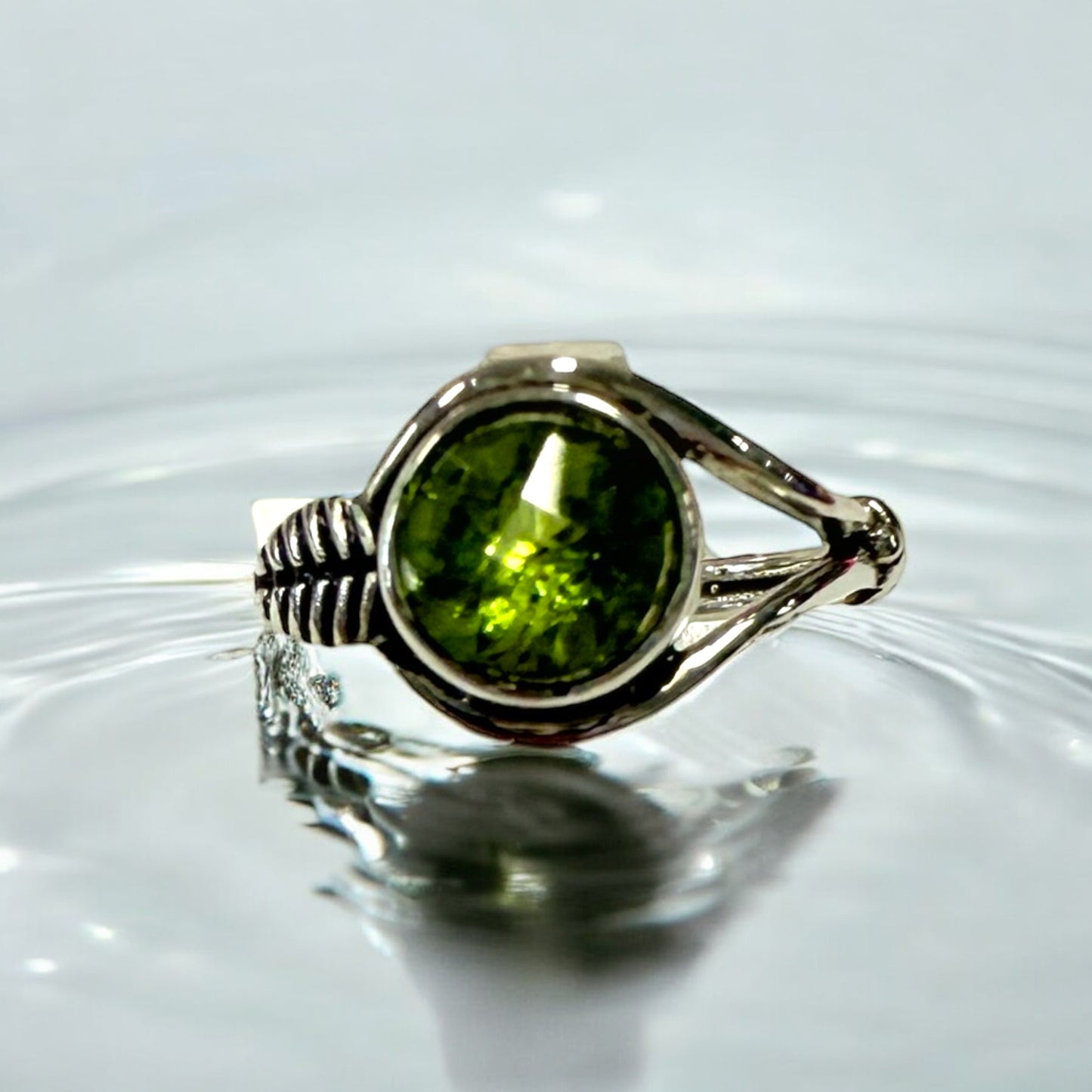 Peridot Leaf Ring in Sterling Silver