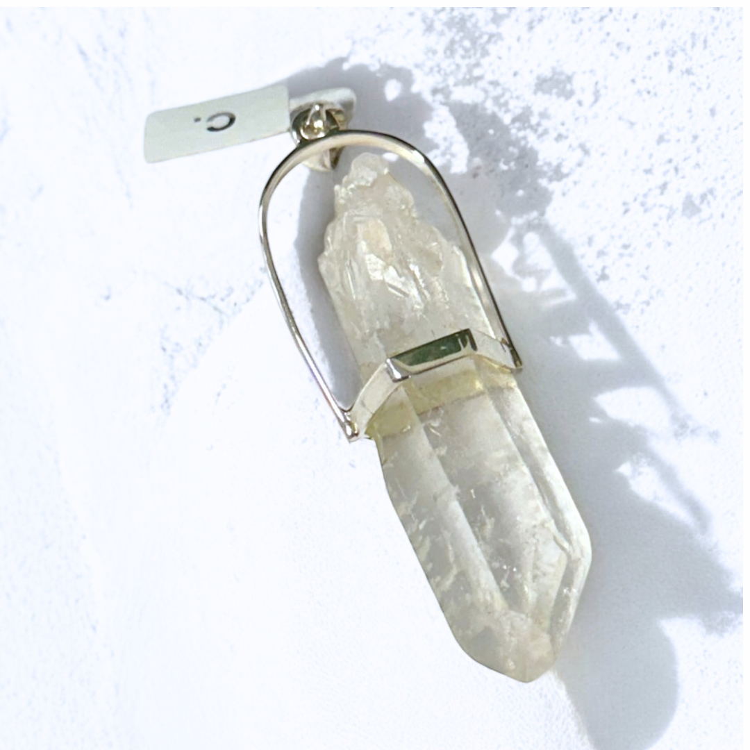 Clear Quartz Halo Set Rough Pendant in Silver