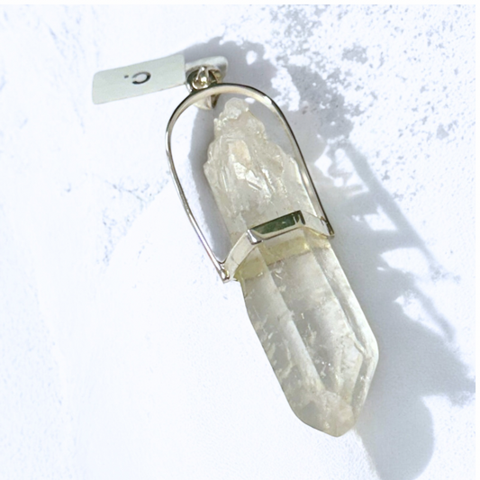 Clear Quartz Halo Set Rough Pendant in Silver