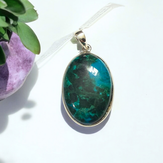 Chrysocolla Malachite Oval Pendant in Silver