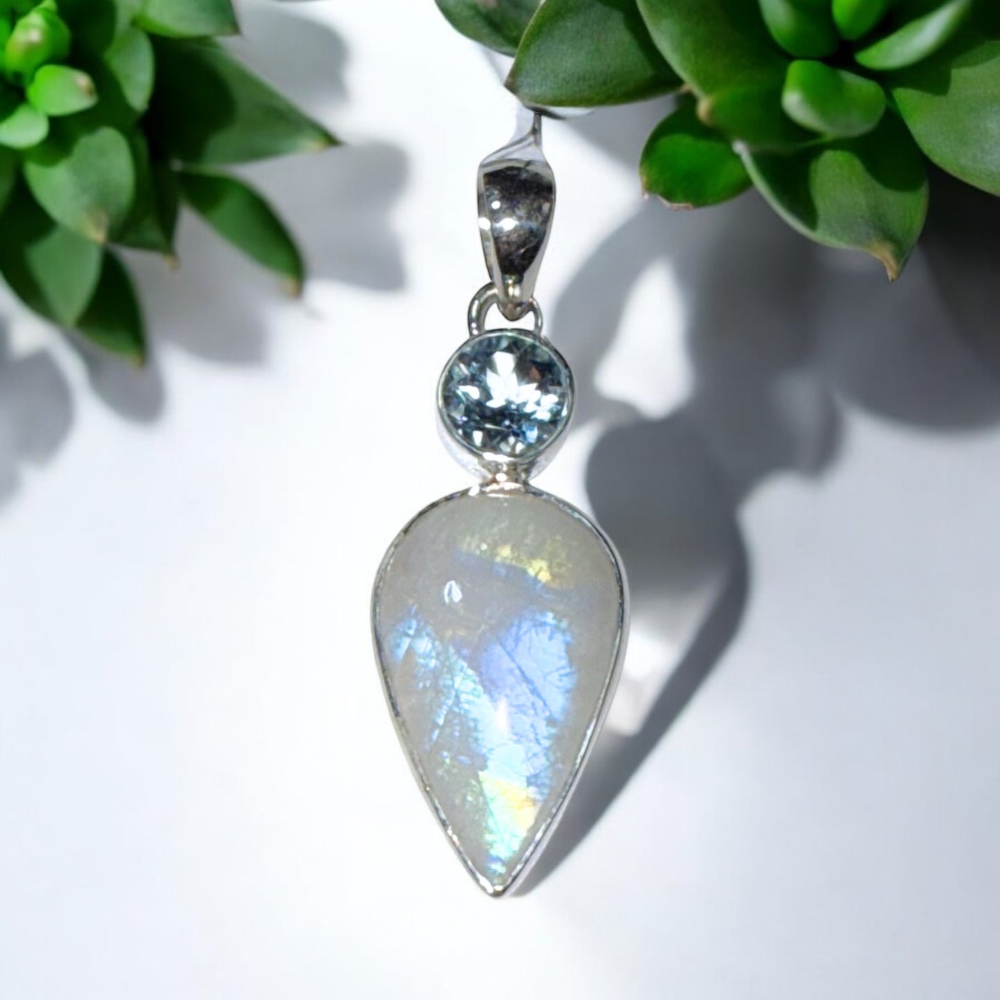 Rainbow Moonstone and Blue Topaz Pendant in Silver