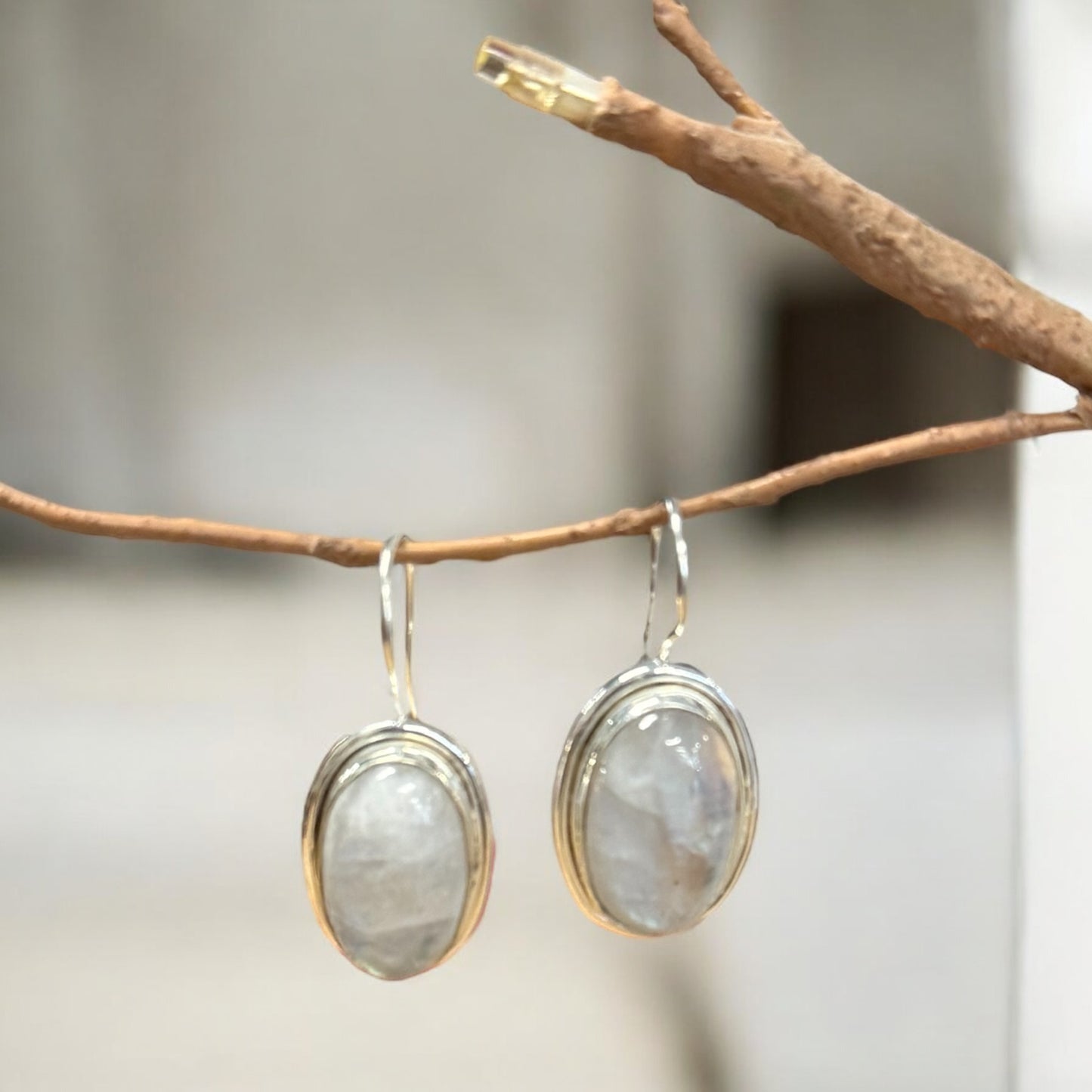 Rainbow Moonstone Oval Earrings in Silver