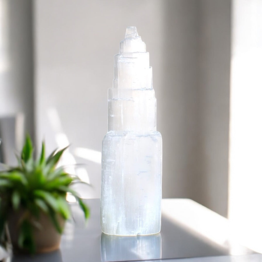 Selenite Tower Lamp 35cm