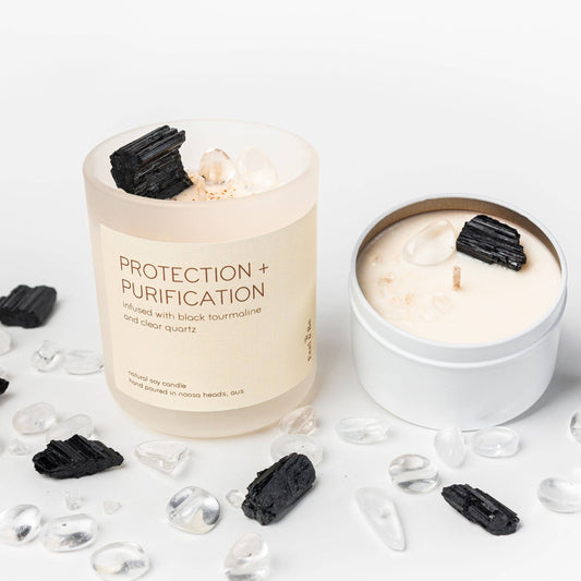 Black Tourmaline & Clear Quartz Candle - PROTECTION AND PURIFICATION - Frangipani: Glass (comes in a box)