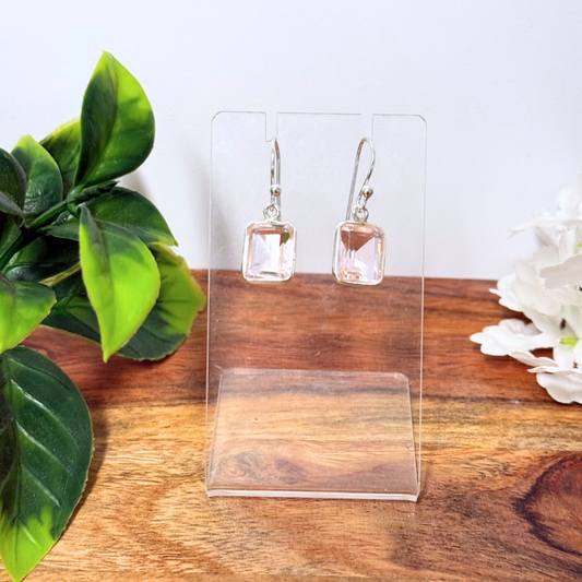 Rose Quartz Rectangle Faceted Silver Earrings