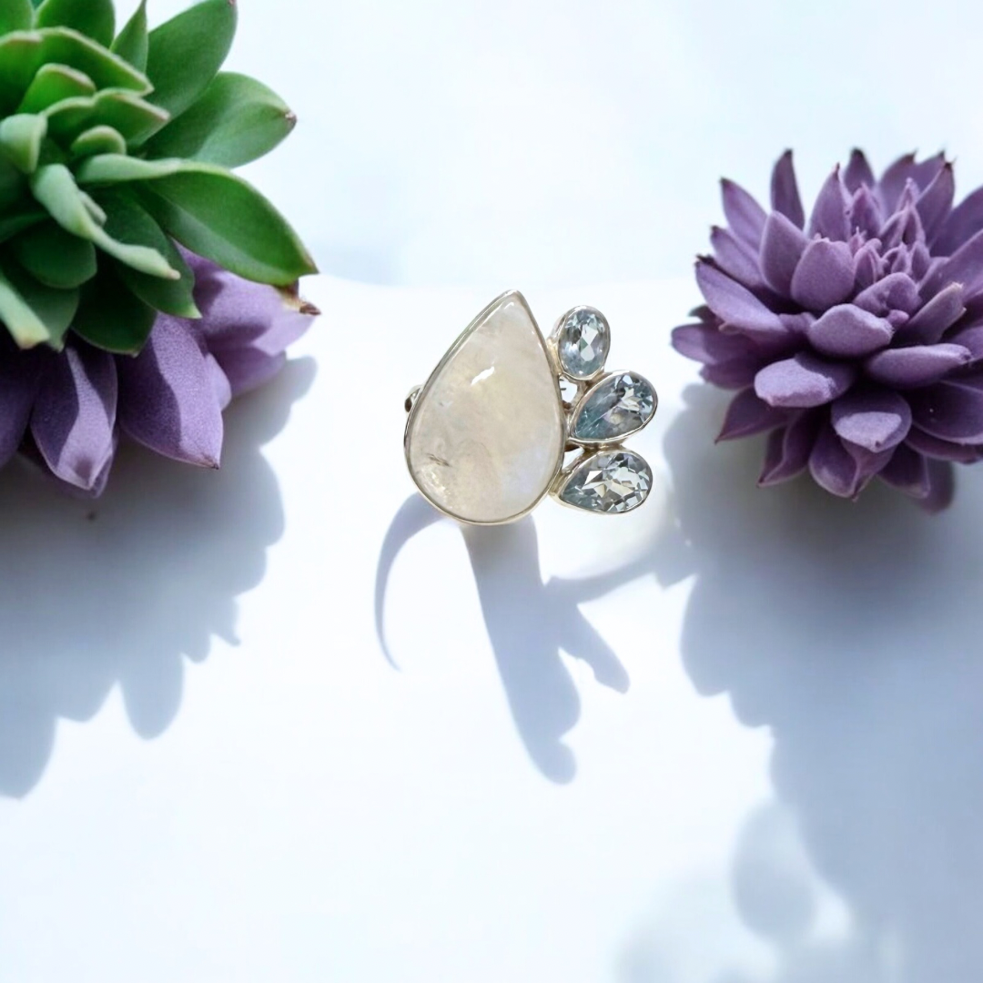 Rainbow Moonstone & Blue Topaz Ring in Silver