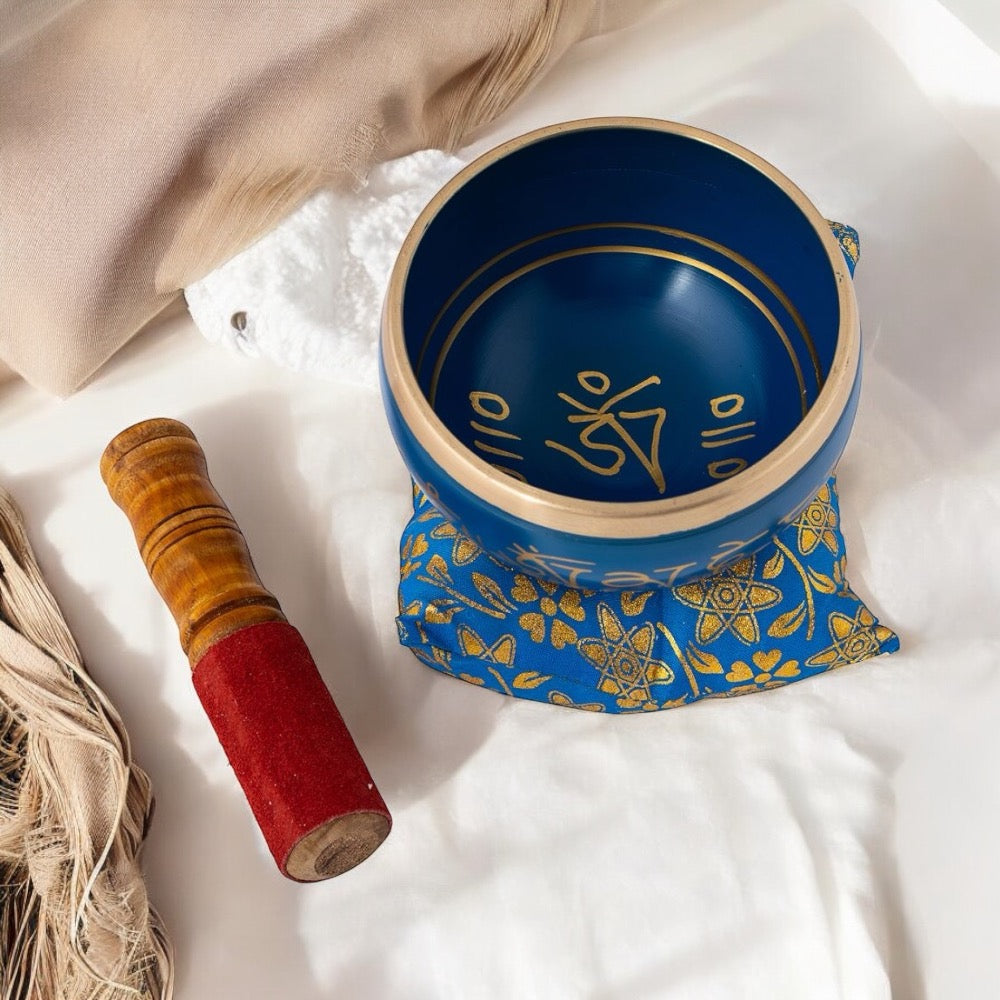 Brass Om Mani Indigo with Cushion Singing Bowl