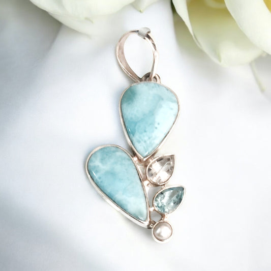 Multi Larimar, Clear Quartz, Blue Topaz and Biwa Pearl Pendant SS
