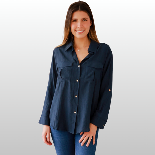 Alina Navy Button Down Shirt