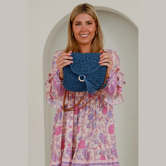Straw Shoulder Bag Navy