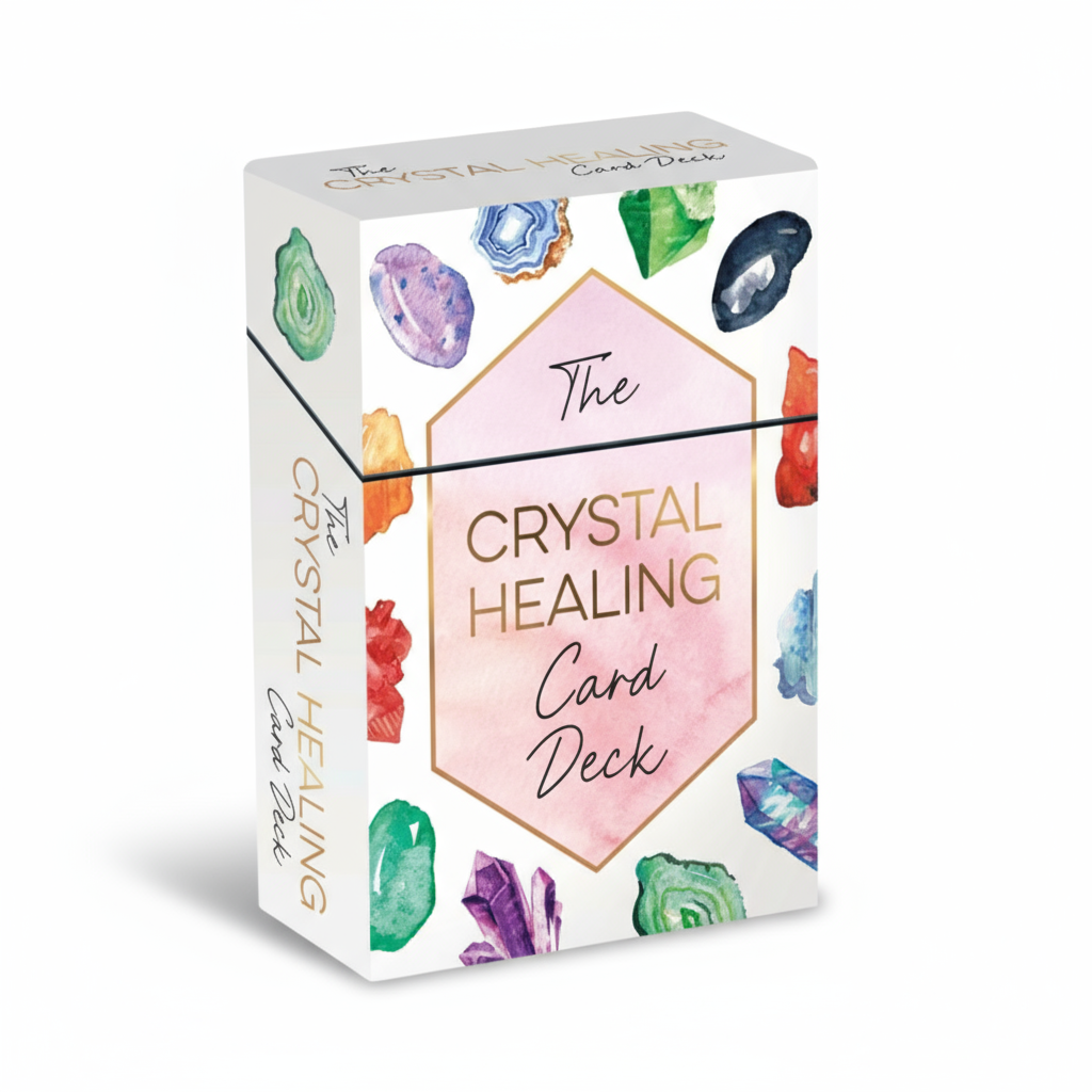 Crystal Healing Card Deck packaging on a textured white background