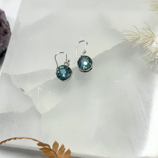 Blue Topaz Faceted Round Silver Earrings