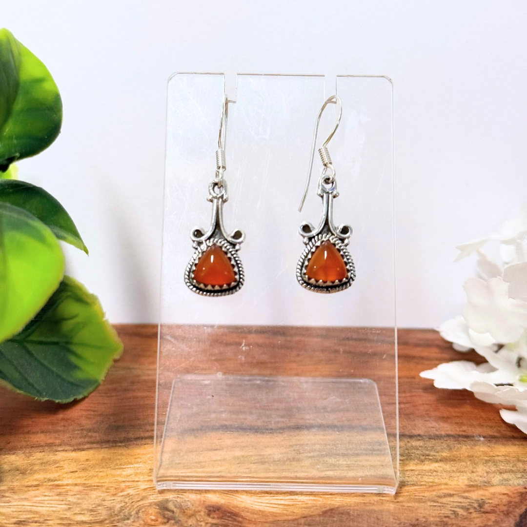 Carnelian Triangle Filagree Earrings in Silver