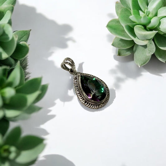 Mystic Topaz Teardrop Faceted Silver Pendant