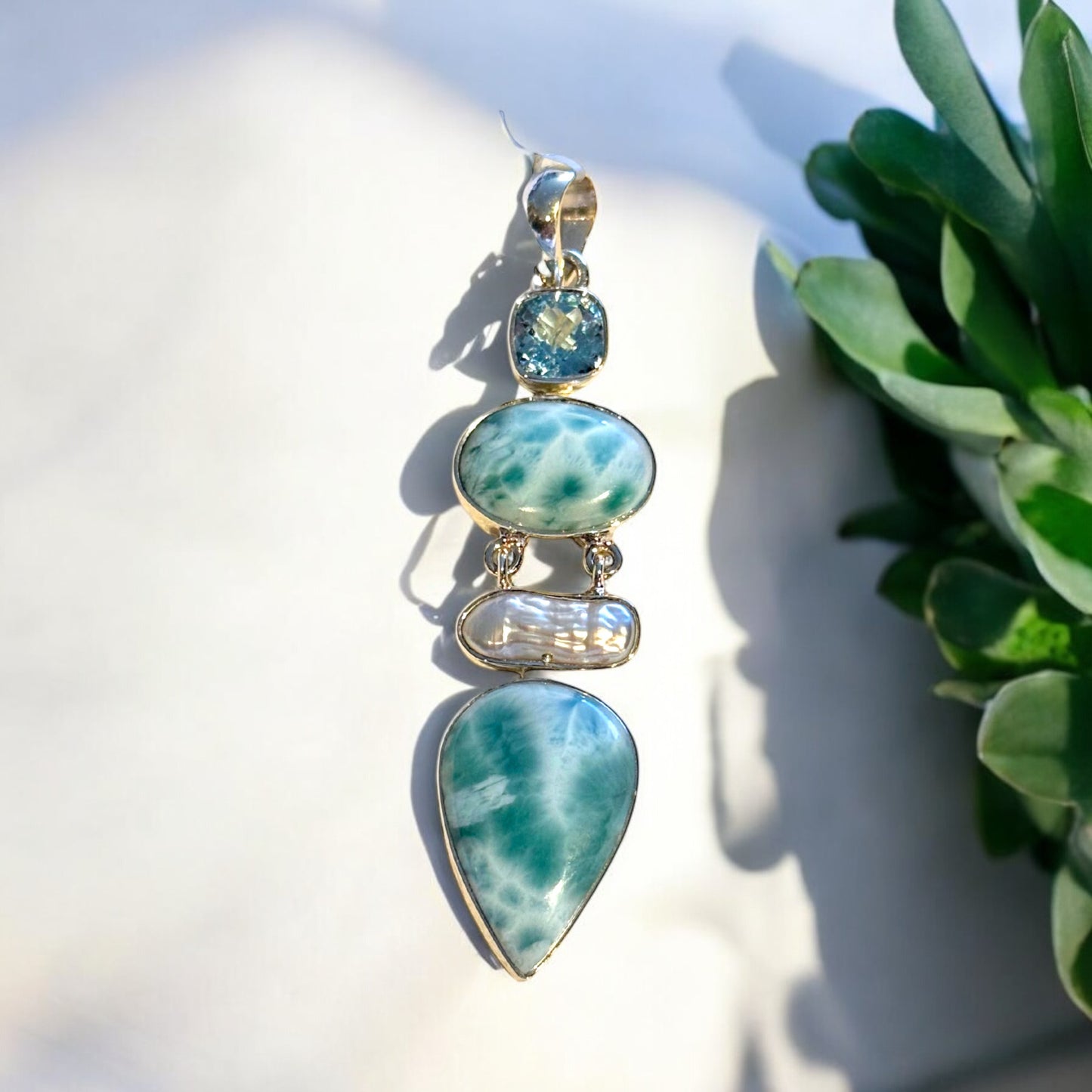 Larimar, Biwa Pearl and Blue Topaz Pendant