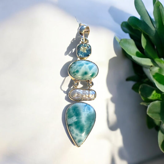 Larimar, Biwa Pearl and Blue Topaz Pendant