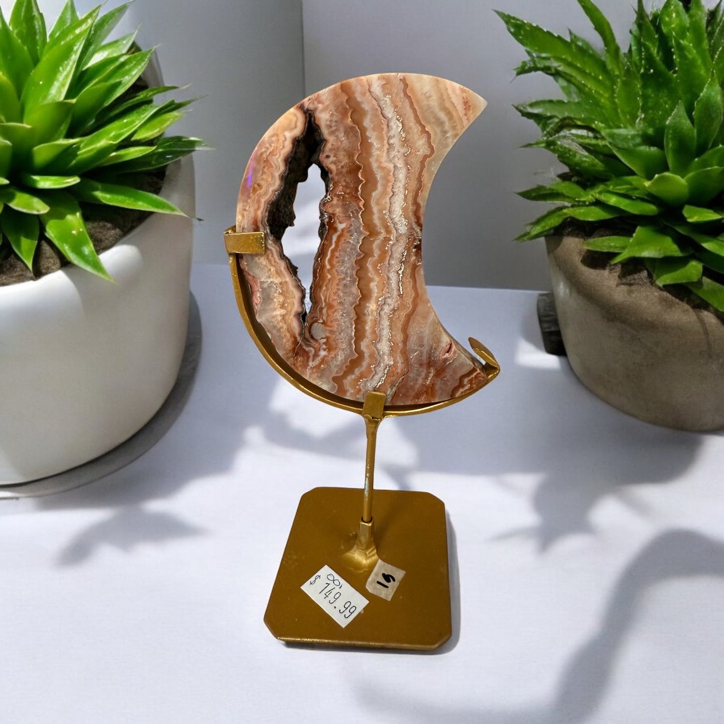 Crazy Lace Agate Moon on Stand 001