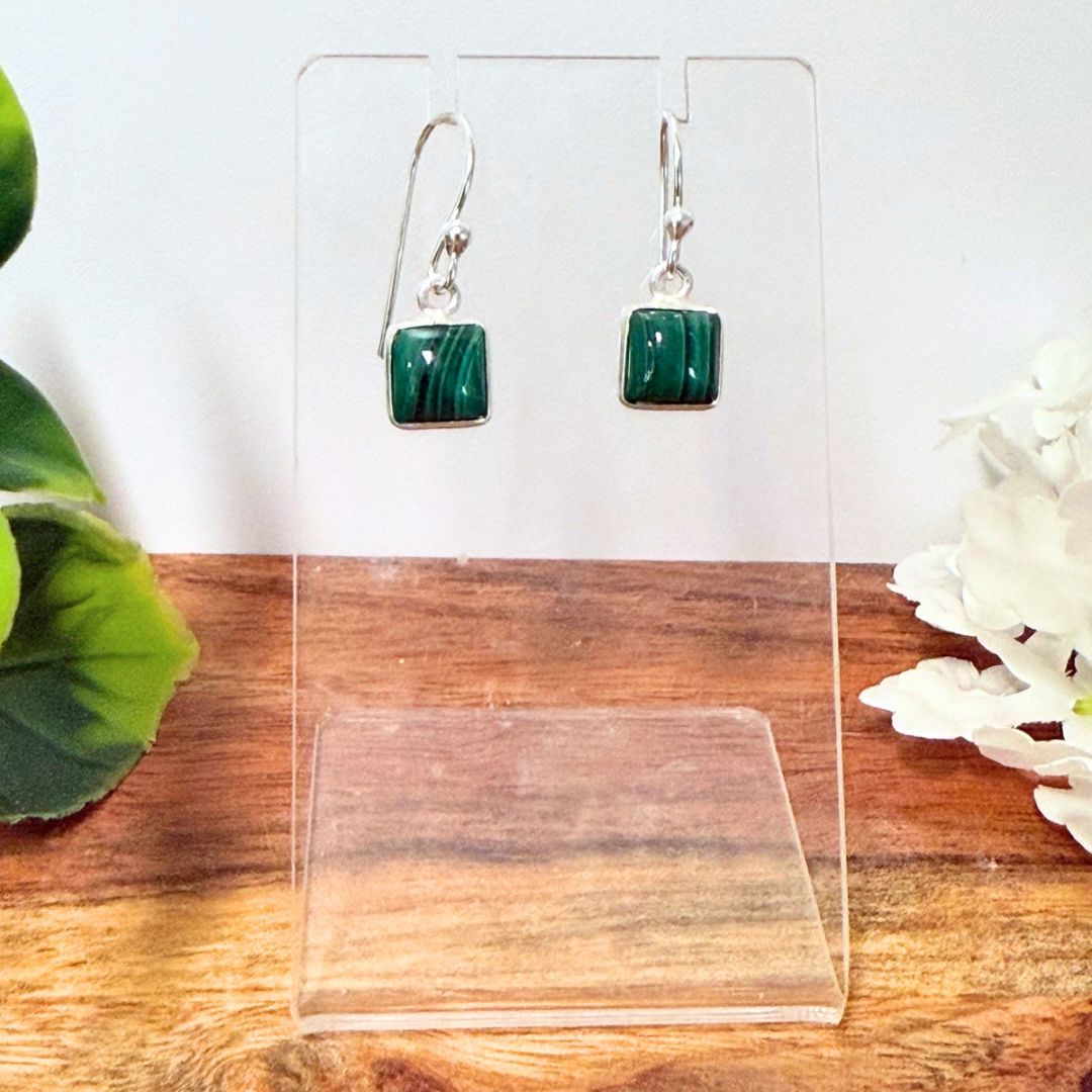 Malachite Square Earrings in Sterling Silver