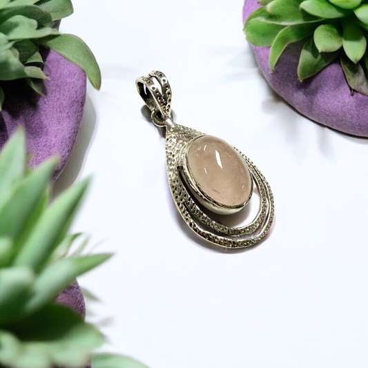 Rose Quartz Hammered Silver Oval Pendant