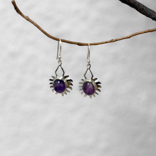Amethyst Silver Earrings Egyptian Sun