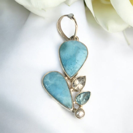 Multi Larimar, Clear Quartz, Blue Topaz and Biwa Pearl Pendant SS