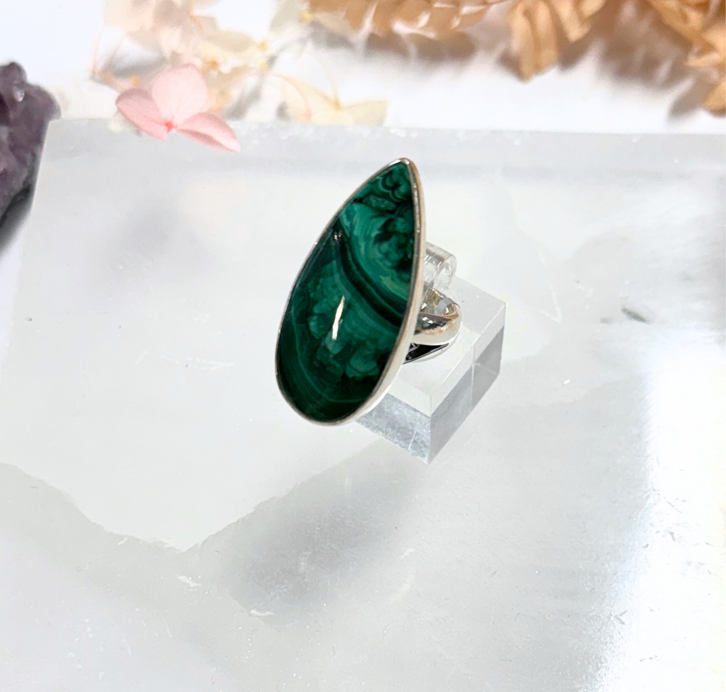 Malachite Ring Adjustable in Silver