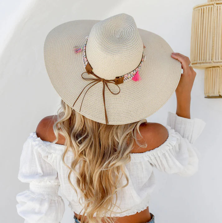 Straw Hat Wide Brim with Tassels
