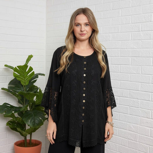 Brianne Stonewash Long Sleeve Blouse - Black