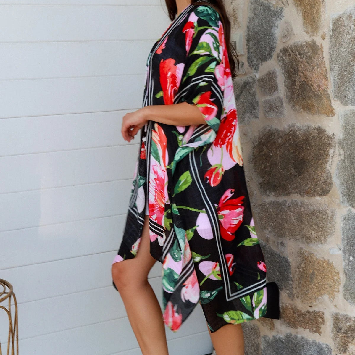 Wrap Top - Black and Red Flower