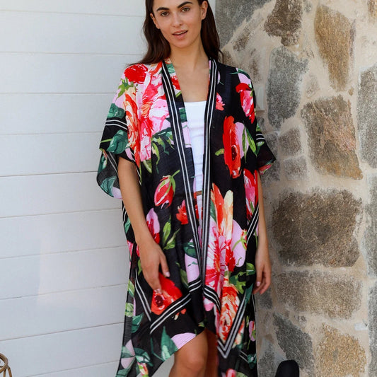 Wrap Top - Black and Red Flower