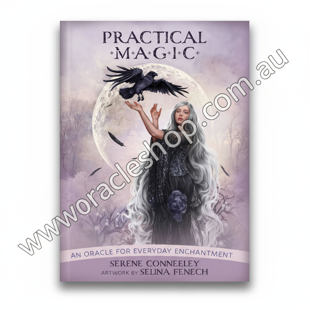 Oracle cards cover of 'Practical Magic' with a woman and crows against a moonlit sky.