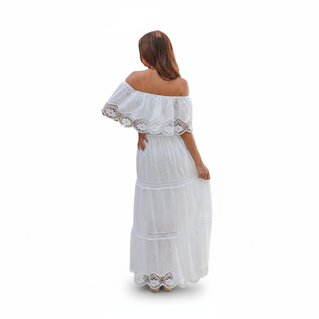 Stevie Midi White Off Shoulder Bohemian Dress