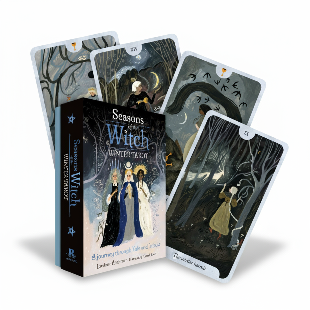 Tarot cards titled 'Seasons of the Witch' on a textured white surface