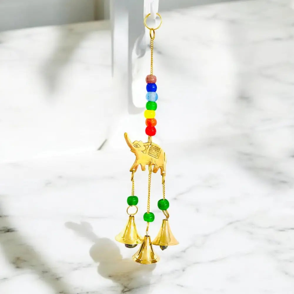 Brass Wind Chime ELEPHANT Trunk Up 7 CHAKRA with Glass Beads Elephant bells