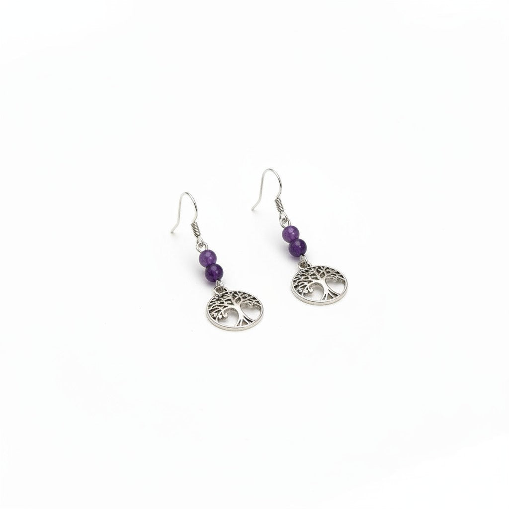 Amethyst with Rhodium Plated Tree of Life Charm Duo Earrings