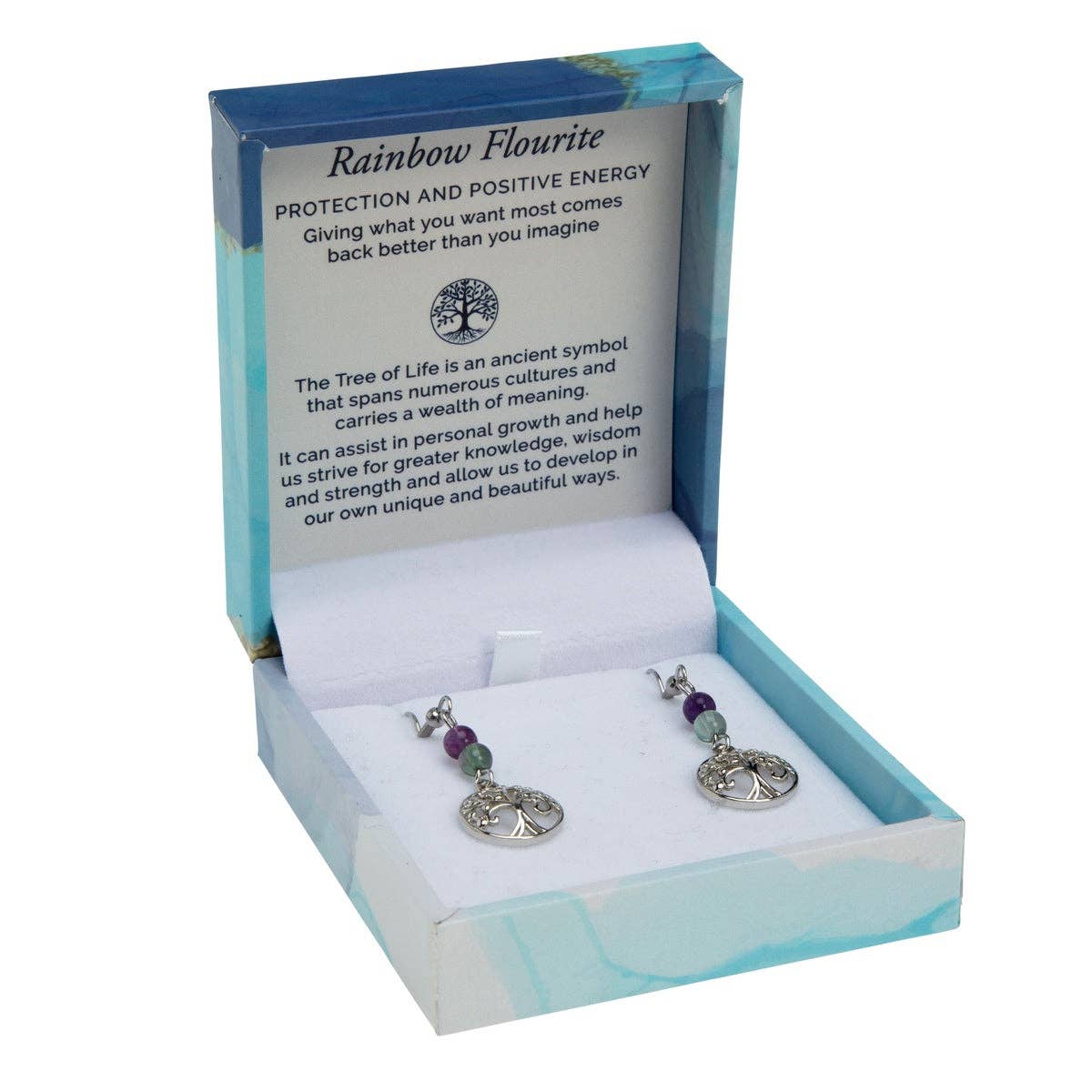 Rainbow Fluorite with Rhodium Plated Tree of Life Charm Duo Earrings