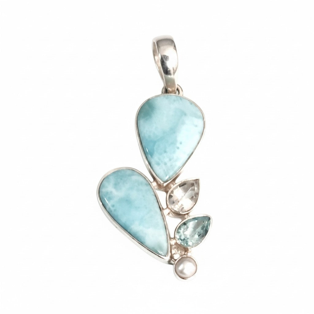 Multi Larimar, Clear Quartz, Blue Topaz and Biwa Pearl Pendant SS